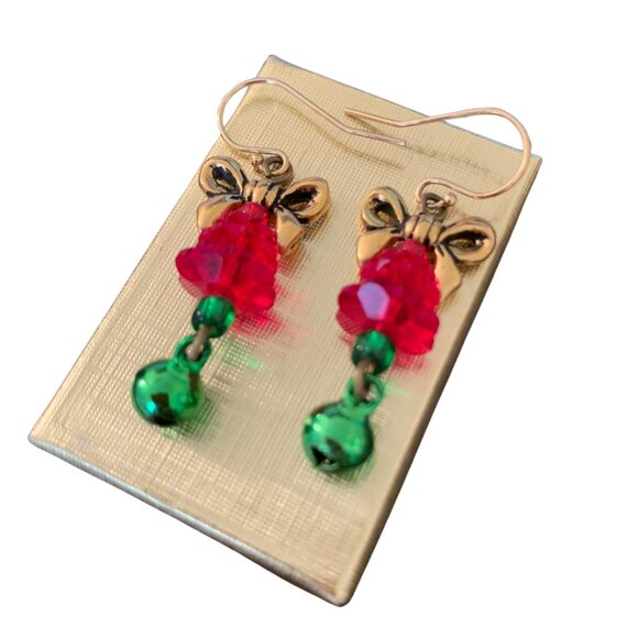 Christmas Tree with Ribbons and Bells Dangle Earrings Holiday Earrings - Picture 1 of 4